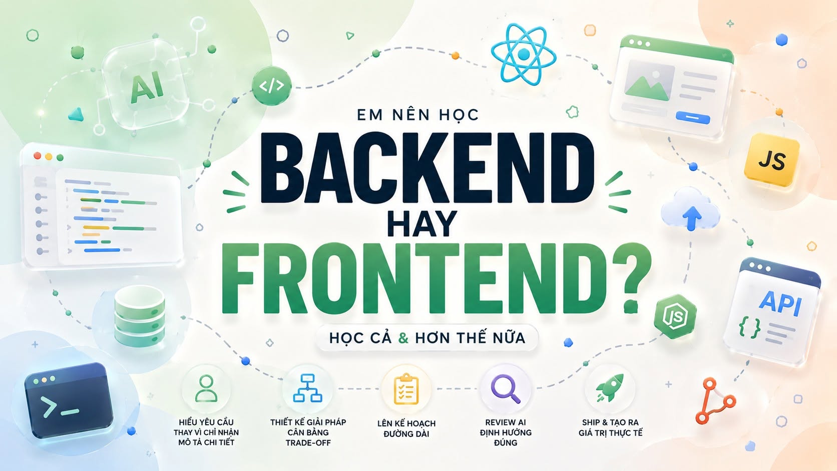 Banner: Em nên học Backend hay Frontend? Học cả và hơn thế nữa — kèm các kỹ năng hiểu yêu cầu, thiết kế giải pháp cân bằng trade-off, lên kế hoạch đường dài, review AI, ship và tạo giá trị thực tế